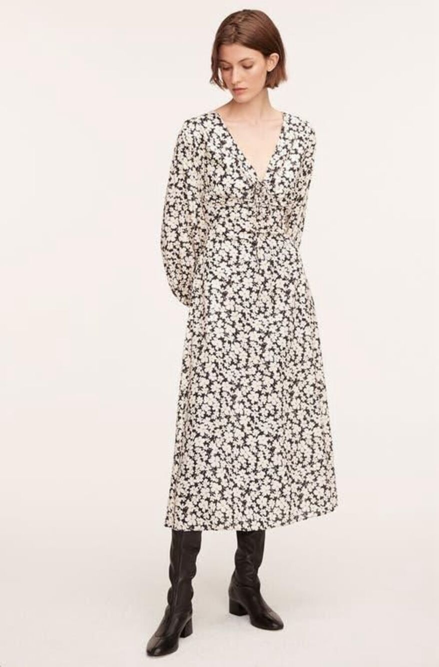 Rebecca Taylor Floral Long Sleeve Maxi Dress Size 2 Black White Tencel NWT $395